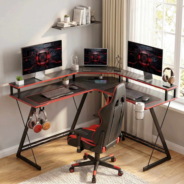 L-förmiger Computertisch 128 cm mit AC-/USB-Anschlüssen und Monitorständer