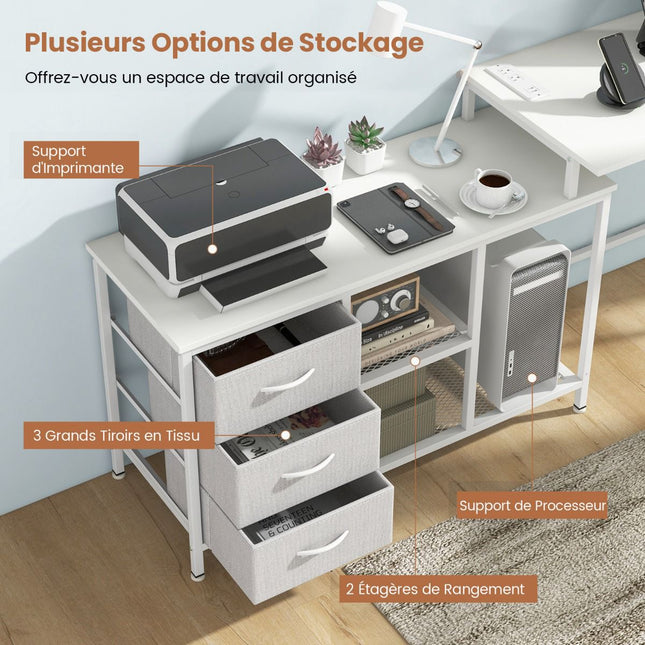 L-Shaped Computer Desk, Power Outlet, 3 Drawers, White