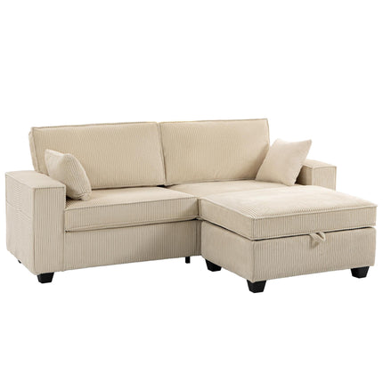 L-Shaped Cord Sofa with Reversible Storage Ottoman, Beige