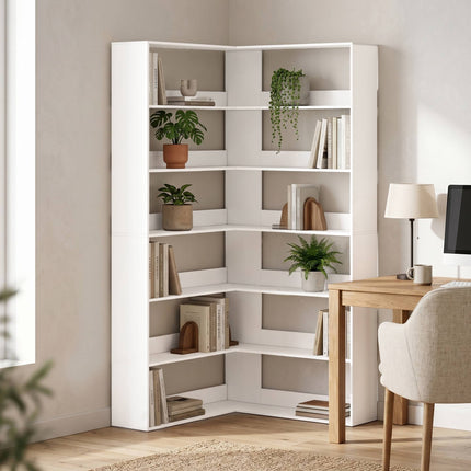 L-Shaped Corner Bookshelf, 7-Tier, White Wood Look