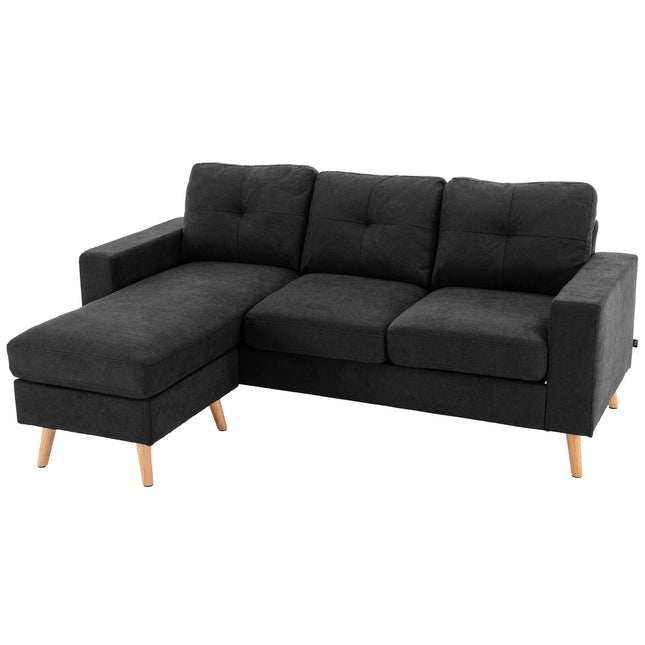 Schwarzes L-förmiges Leinensofa, Ecksofa mit Recamiere für 3