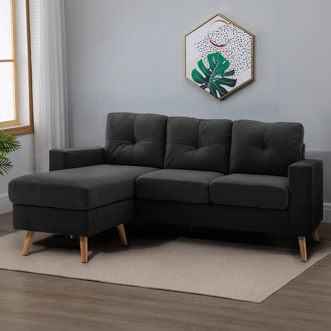 Schwarzes L-förmiges Leinensofa, Ecksofa mit Recamiere für 3
