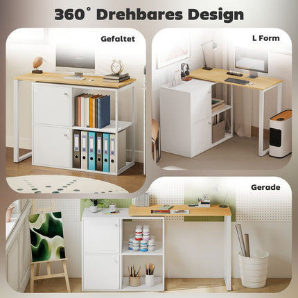 L-förmiger Schreibtisch, drehbar, 2 Schränke, 2 Regale, 150x40x75 cm, Weiß