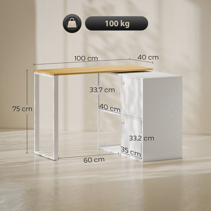 L-förmiger Schreibtisch, drehbar, 2 Schränke, 2 Regale, 150x40x75 cm, Weiß