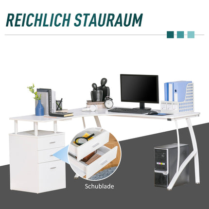 L-förmiger Schreibtisch mit Schubladen, Industriedesign Metall, weiß