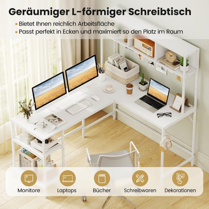 L-förmiger Schreibtisch mit Bücherregal, Weiß – Platzsparendes Design