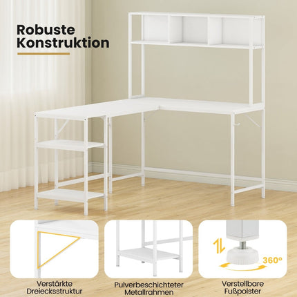 L-förmiger Schreibtisch mit Bücherregal, Weiß – Platzsparendes Design