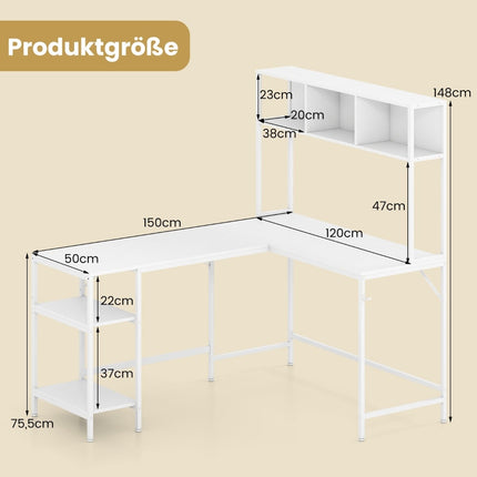 L-förmiger Schreibtisch mit Bücherregal, Weiß – Platzsparendes Design