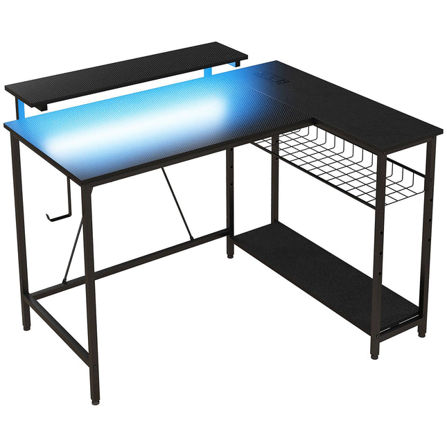 L-Shaped Desk with LED, Outlets, USB, Reversible, Black