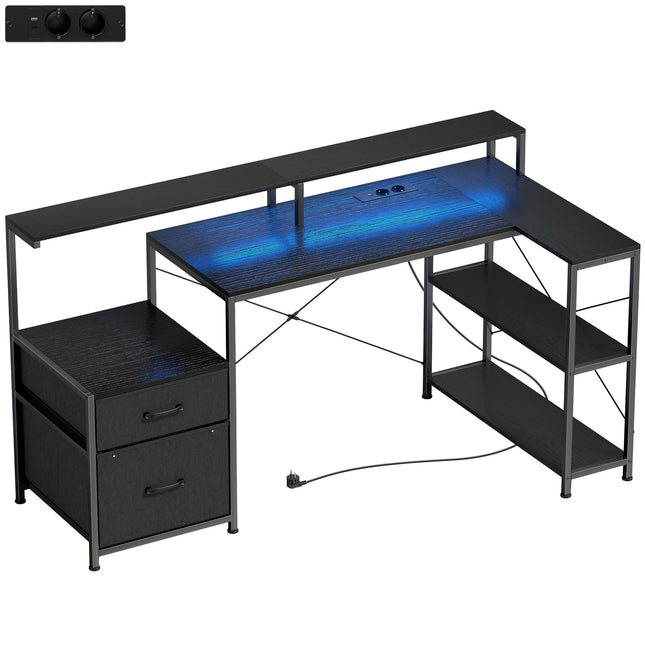L-förmiger Gaming-Schreibtisch mit LED, Steckdosen, doppeltem Monitorständer