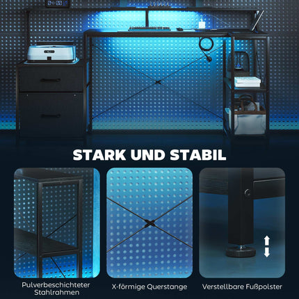 L-förmiger Gaming-Schreibtisch mit LED, Steckdosen, doppeltem Monitorständer