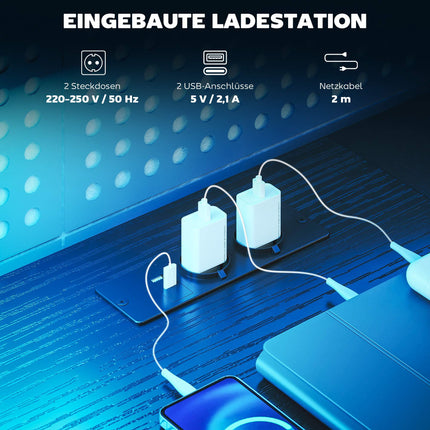 L-förmiger Gaming-Schreibtisch mit LED, Steckdosen, doppeltem Monitorständer