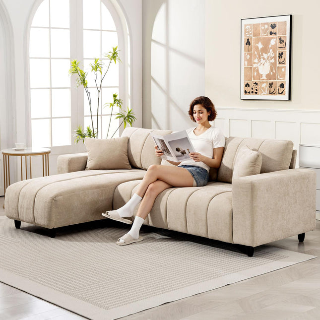 L-förmiges Sektionssofa, Beige, 3-Sitzer mit Recamiere und Kissen