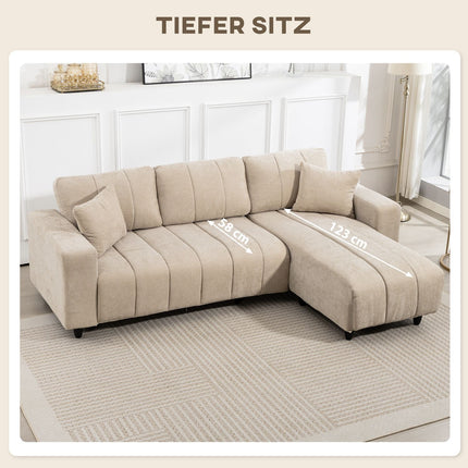 L-förmiges Sektionssofa, Beige, 3-Sitzer mit Recamiere und Kissen