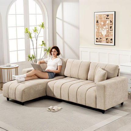 L-förmiges Sektionssofa, Beige, 3-Sitzer mit Recamiere und Kissen