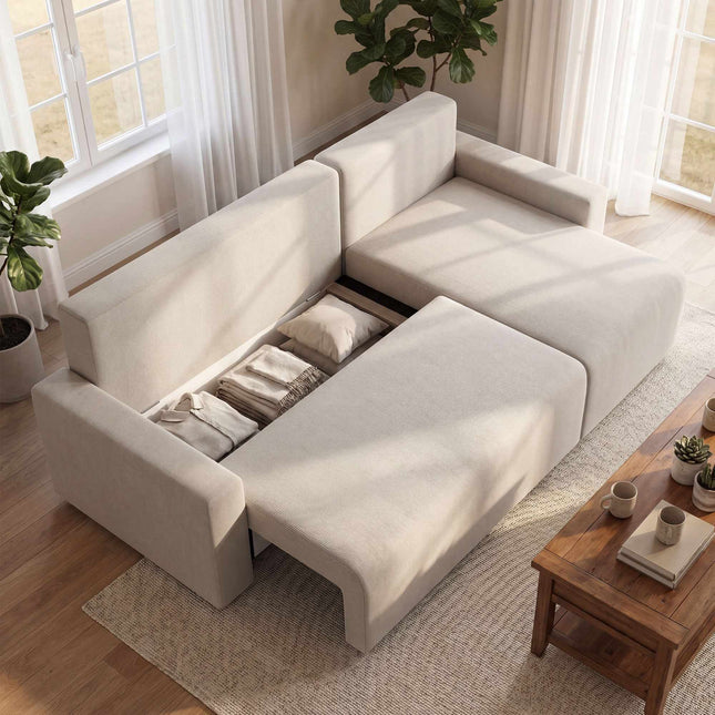L-förmiges Schlafsofa mit Stauraum, umkehrbare Recamiere – Beige