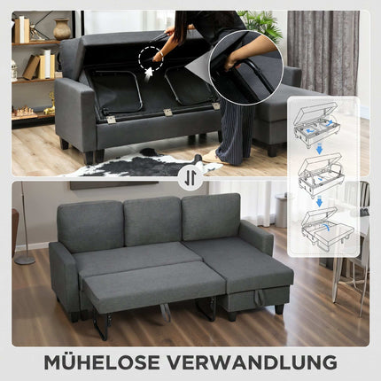 L-Shaped Sofa Bed With Storage, Reversible Chaise, Gray