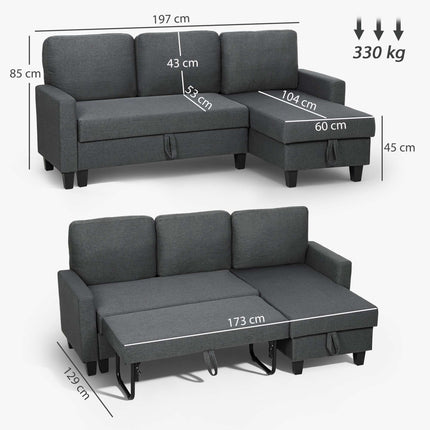 L-Shaped Sofa Bed With Storage, Reversible Chaise, Gray