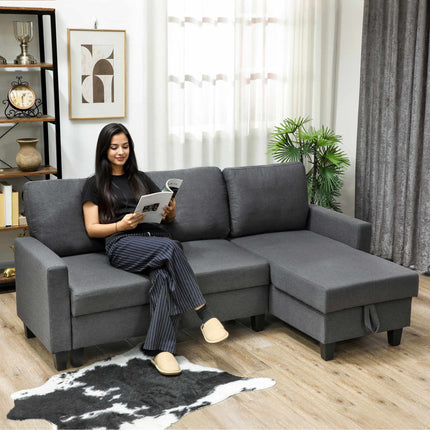 L-Shaped Sofa Bed With Storage, Reversible Chaise, Gray