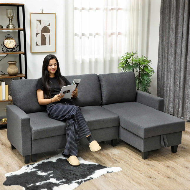 L-förmiges Schlafsofa mit Stauraum, umstellbare Ottomane, Grau