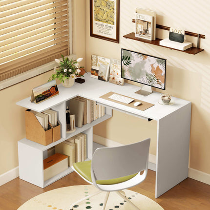 L-Shaped White Wood Desk with Keyboard Tray and Shelves