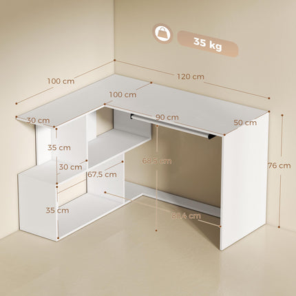 L-Shaped White Wood Desk with Keyboard Tray and Shelves