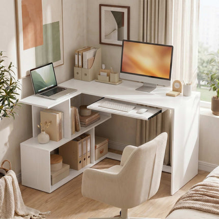 L-Shaped White Wood Desk with Keyboard Tray and Shelves