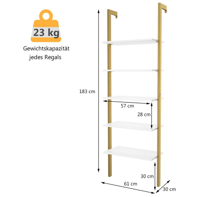 Leiterregal mit 5 Ebenen &amp; Metallrahmen Standregal Bücherregal 61 x 30 x 183 cm Golden