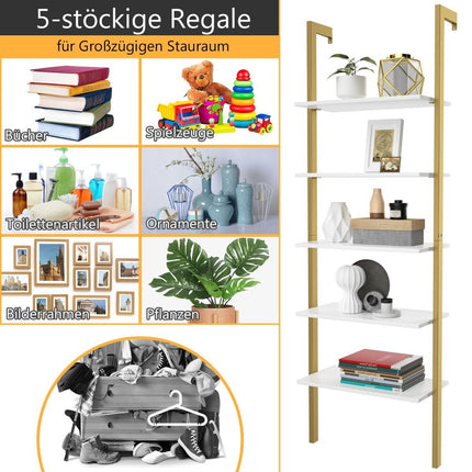 Leiterregal mit 5 Ebenen &amp; Metallrahmen Standregal Bücherregal 61 x 30 x 183 cm Golden
