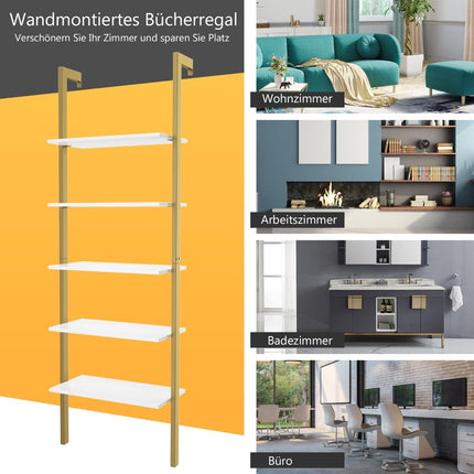 Leiterregal mit 5 Ebenen &amp; Metallrahmen Standregal Bücherregal 61 x 30 x 183 cm Golden