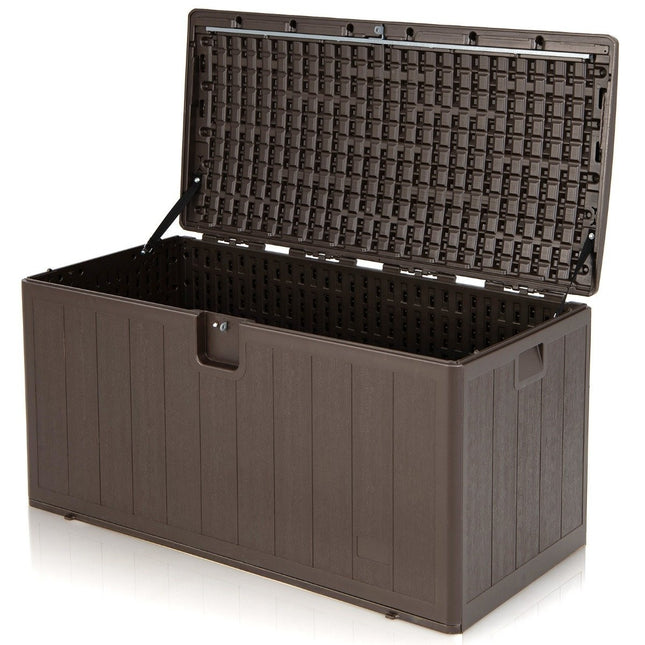 Große Aufbewahrungsbox mit 400 l Fassungsvermögen, sonnengeschützte Truhe, 127,5 x 64 x 64 cm, Braun