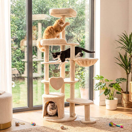 Large Beige Cat Tree Tower with Scratching Posts, 149 cm