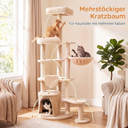 Large Beige Cat Tree Tower with Scratching Posts, 149 cm
