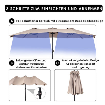 Large Beige Double Canopy Patio Umbrella with Crank, 2.7m