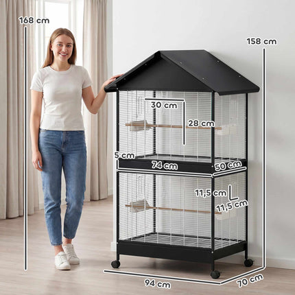 Großer Vogelkäfig mit herausnehmbarer Trennwand, Rollen, Weiß/Schwarz