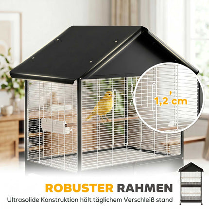 Großer Vogelkäfig mit herausnehmbarer Trennwand, Rollen, Weiß/Schwarz