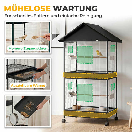 Großer Vogelkäfig mit herausnehmbarer Trennwand, Rollen, Weiß/Schwarz