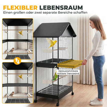 Großer Vogelkäfig mit herausnehmbarer Trennwand, Rollen, Weiß/Schwarz