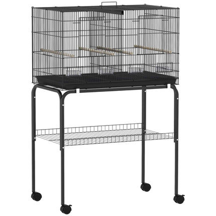Large Bird Cage with Stand, 4 Perches, Black, 76x46x116 cm