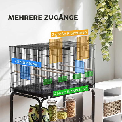 Large Bird Cage with Stand, 4 Perches, Black, 76x46x116 cm