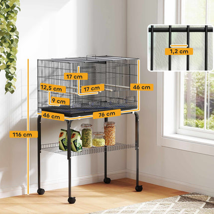 Large Bird Cage with Stand, 4 Perches, Black, 76x46x116 cm