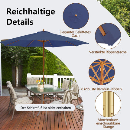 Large Blue Wooden Patio Umbrella, 300 cm, Ventilated, Adjustable