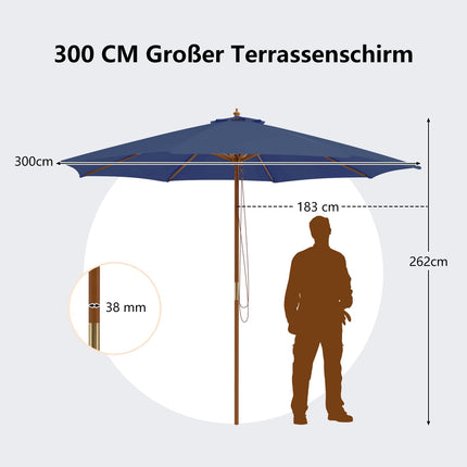 Large Blue Wooden Patio Umbrella, 300 cm, Ventilated, Adjustable