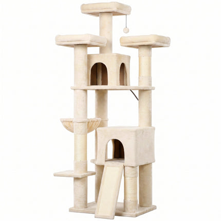 Large Cat Tree 184 cm with 5 Levels and Scratching Posts, 2 Caves, Beige
