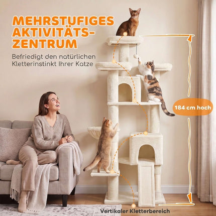 Large Cat Tree 184 cm with 5 Levels and Scratching Posts, 2 Caves, Beige