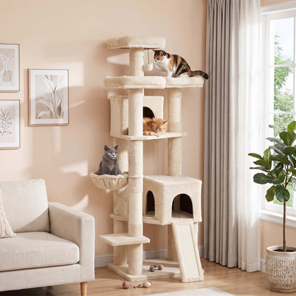 Large Cat Tree 184 cm with 5 Levels and Scratching Posts, 2 Caves, Beige