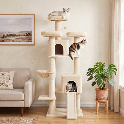 Large Cat Tree 184 cm with 5 Levels and Scratching Posts, 2 Caves, Beige