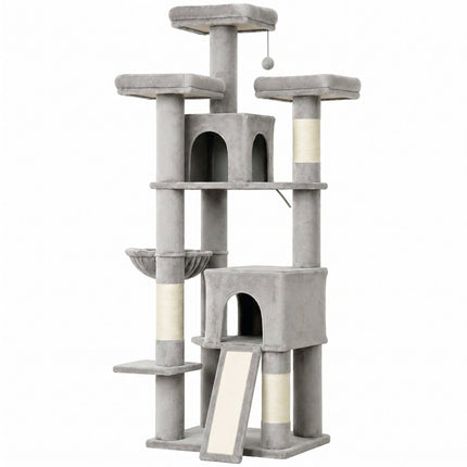 Large Cat Tree 184 cm with 5 Levels and Scratching Posts, 2 Caves, Light Grey