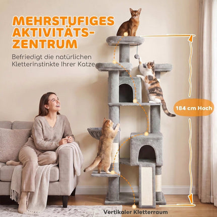 Large Cat Tree 184 cm with 5 Levels and Scratching Posts, 2 Caves, Light Grey