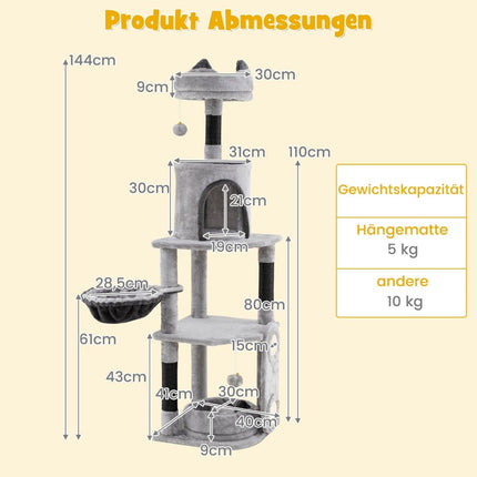 Großer Kratzbaum mit Hängematte, Höhle, Liegeflächen – Grau